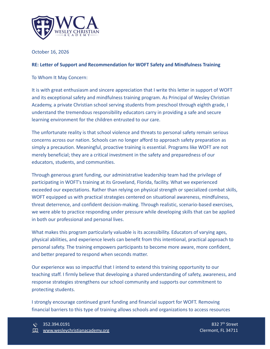 Wesley Christian Academy recommendation letter, page 1 of 2. Use Read the full letter to read or zoom the original PDF.