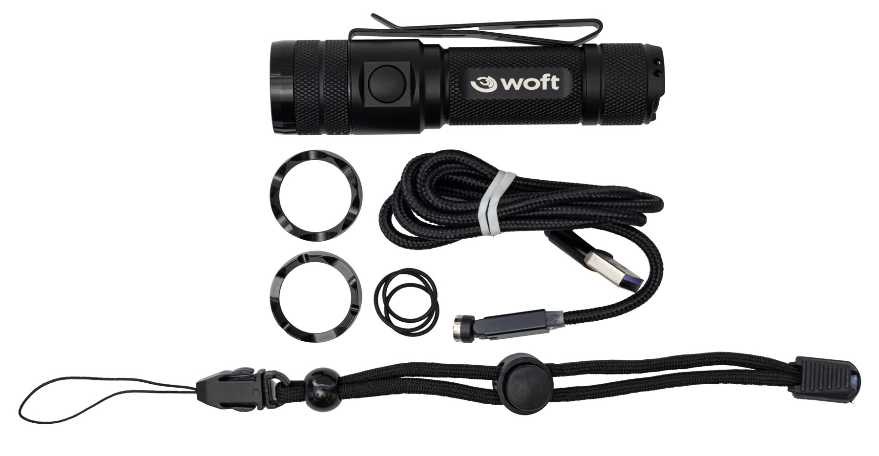 WOFT 2.0 flashlight kit with charging cable, wrist strap and bezel options